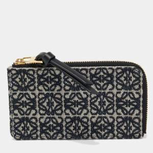 Loewe Navy Blue/Black Jacquard and Leather Anagram Zip Card Holder
