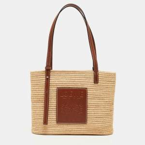 Loewe Natural/Pecan Raffia and Leather Small Square Basket Bag 