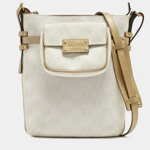 Pre Owned Loewe White/Gold Anagram Coated Canvas and Leather Front Pocket Shoulder Bag