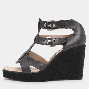 Pre Owned Loewe Grey Leather Strappy Wedge Sandals Size 39