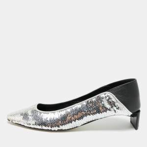 Pre Owned Loewe Size 38 Silver/Black Leather and Sequins Block Heel Pumps
