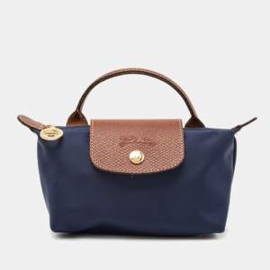 Longchamp Navy Blue Leather and Nylon Le Pliage Pouch 