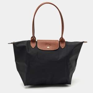 Longchamp Black/Brown Nylon Large Le Pliage Tote