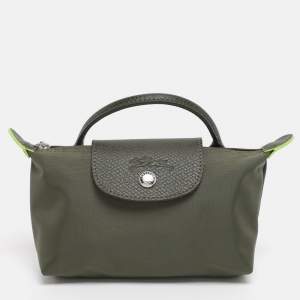 Pre Owned Longchamp Olive Green Leather and Nylon Le Pliage Pouch 