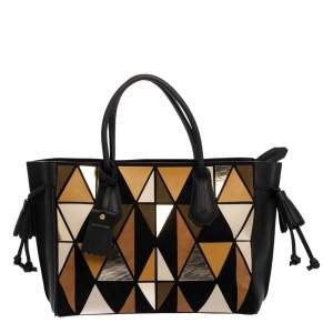 Pre Owned Longchamp Black/Multicolor Leather and Suede Medium Penelope Arty Tote