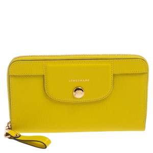 Longchamp Lime Leather Le Pliage Heritage Zip Around Wallet