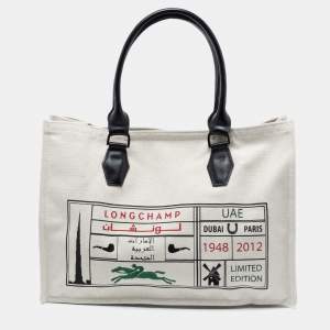 Longchamp White Leather And Canvas Tote