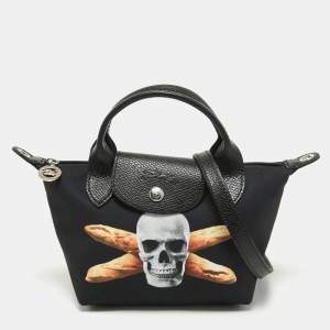 Longchamp x Toiletpaper Black Canvas and Leather XS Le Pliage Tote