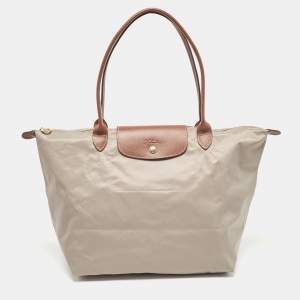 Longchamp Grey/Brown Nylon Large Le Pliage Tote