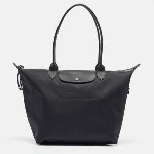 Longchamp Black Leather and Nylon Le Pliage Tote