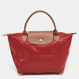 Longchamp Maroon Nylon and Leather Small Le Pliage Short Handle Tote