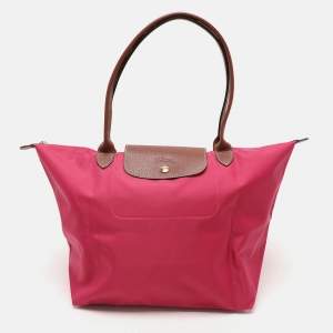 Longchamp Pink/Brown Nylon and Leather Large Le Pliage Tote