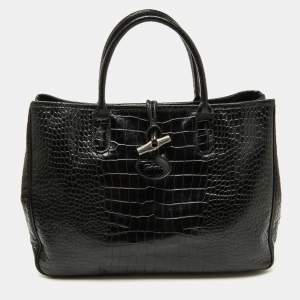 Longchamp Black Croc Embossed Leather Roseau Tote