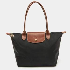 Longchamp Black/Brown Nylon and Leather S Le Pliage Tote