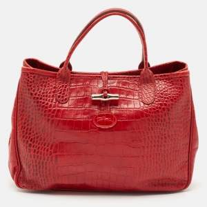 Longchamp Red Croc Embossed Leather Roseau Tote