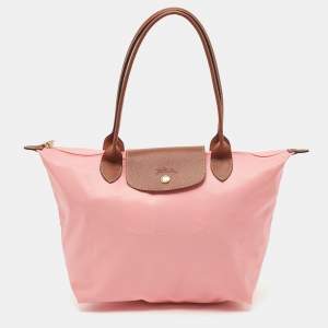 Longchamp Pink/Brown Nylon and Leather Le Pliage Tote