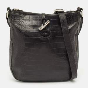 Longchamp Black Croc Embossed Leather Le Roseau Messenger Bag
