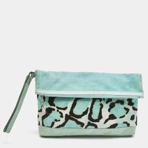 Longchamp Turquoise Calf Hair Leopard Print and Mix Leather Fold Over Clutch