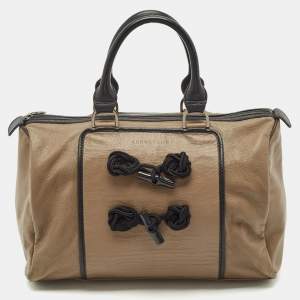 Longchamp Beige/Black Leather Tie Applique Satchel