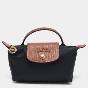 Longchamp Black/Brown Leather and Nylon Le Pliage Pouch