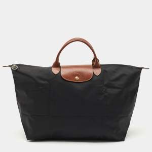 Longchamp Black/Brown Nylon and Leather Large Le Pliage Travel Bag