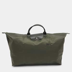 Pre Owned Longchamp Green Nylon and Leather Large Le Pliage Travel Bag