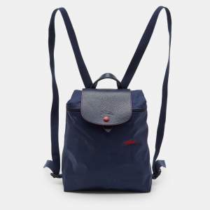 Pre Owned Longchamp Navy Blue Nylon and Leather Le Pliage Club Backpack