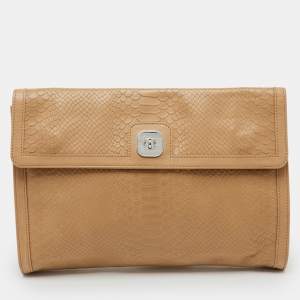 Pre Owned Longchamp Beige Croc Embossed Leather Oversized Clutch