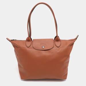 Pre Owned Longchamp Brown Leather Le Pliage Cuir Tote