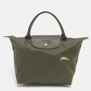 Pre Owned Longchamp Green Nylon and Leather Small Short Le Pliage Tote