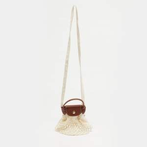 Pre Owned حقيبة كروس لونشان لي بلاج صغيرة جلد بني وأبيض شبكي