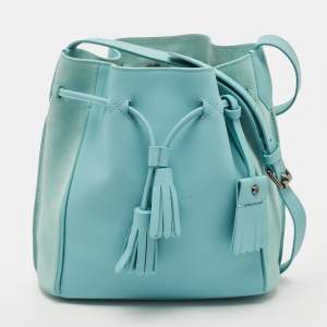 Pre Owned Longchamp Penelope Light Blue Leather and Suede Bucket Bag