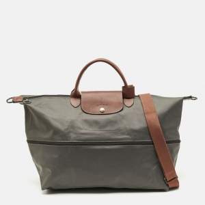 Pre Owned Longchamp Le Pliage Expandable Grey/Brown Nylon and Leather Travel Bag