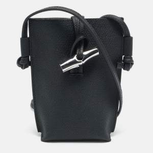 Pre Owned Longchamp Le Roseau Black Leather Phone Crossbody Bag