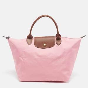 Pre Owned Longchamp Le Pliage Medium Pink/Brown Nylon Tote