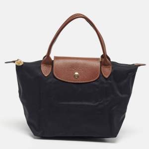 Pre Owned Longchamp Le Pliage Small Black Nylon and Leather Tote