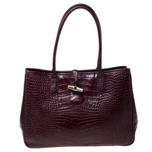Longchamp Burgundy Crocodile Embossed Leather Roseau Tote 