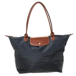 Longchamp Dark Grey Nylon and Leather Medium Le Pliage Tote