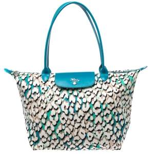 Longchamp Turquoise Phanter Coral Print Canvas and Leather Medium Le Pliage Tote