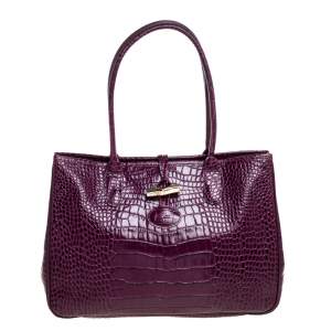 Longchamp Purple Crocodile Embossed Leather Roseau Tote 