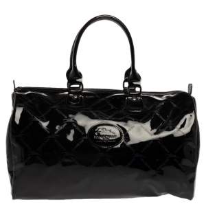 Longchamp Black Signature Print Patent Leather Satchel