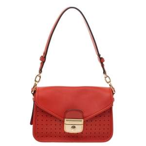 Longchamp Orange Perforated Leather Mademoiselle Top Handle Bag