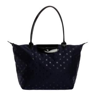 Pre Owned Longchamp Navy Blue/Black Star Print Nylon and Patent Leather Medium Le Pliage Tote