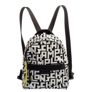 Longchamp Black/White Nylon and Leather Le Pliage Backpack
