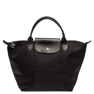 Pre Owned Longchamp Black Nylon and Leather Small Le Pliage Tote