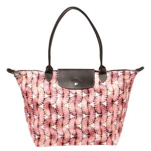 Pre Owned Longchamp Pink/Brown Fabric and Leather  Surf and The City Le Pliage Tote