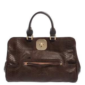 Longchamp Dark Brown Python Embossed Leather Gatsby Tote