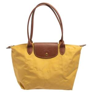 Pre Owned Longchamp Yellow Nylon and Leather Small Le Pliage Tote