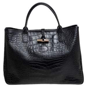 Pre Owned Longchamp Black Crocodile Embossed Leather Roseau Tote 