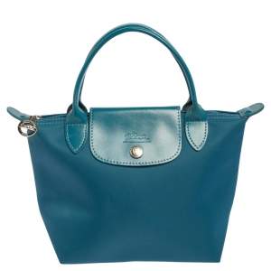 Longchamp Teal Blue Leather and Nylon Min Le Pliage Tres Tote